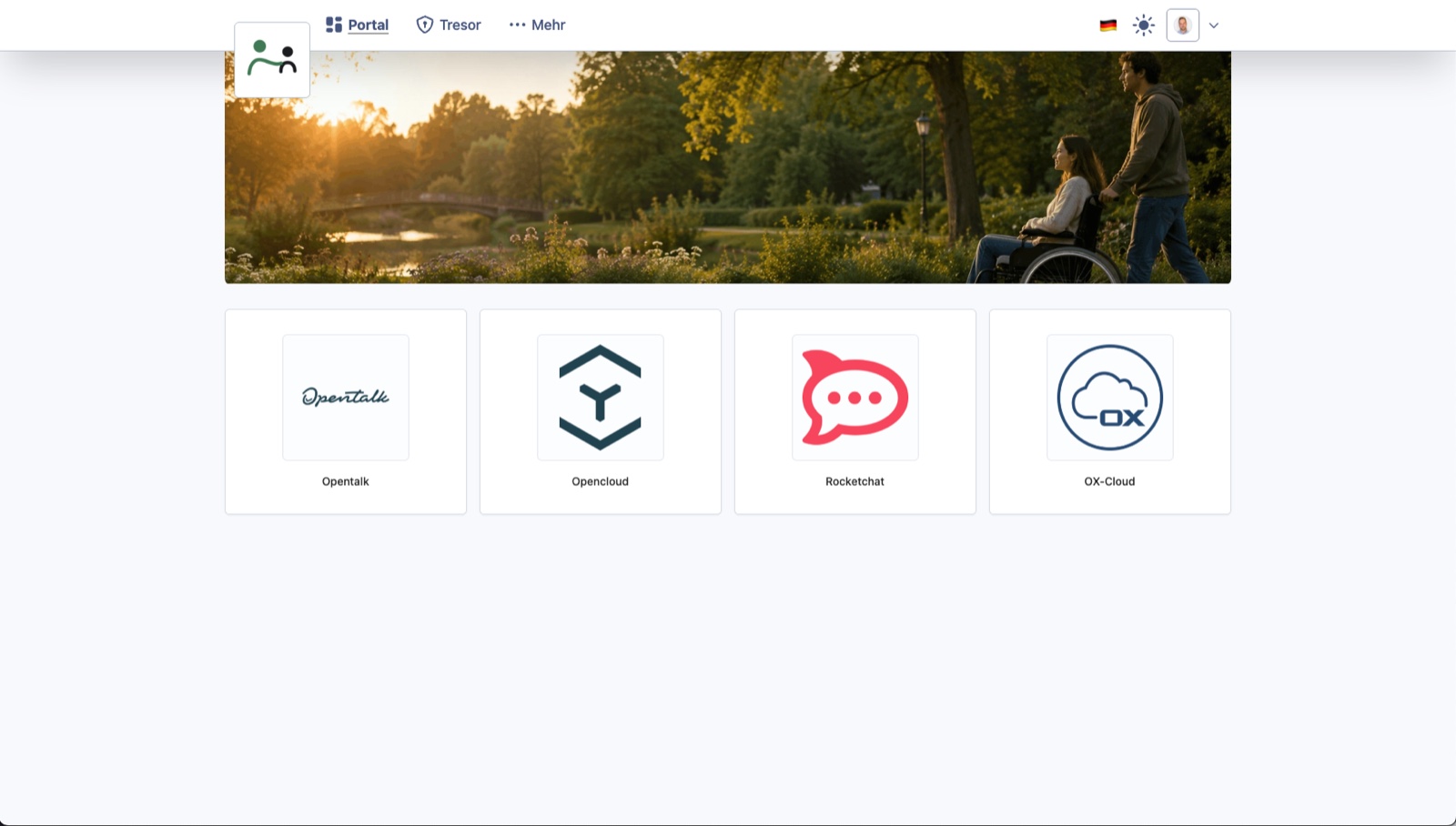 The portal after login, from the user’s point of view: every booked service as a tile.