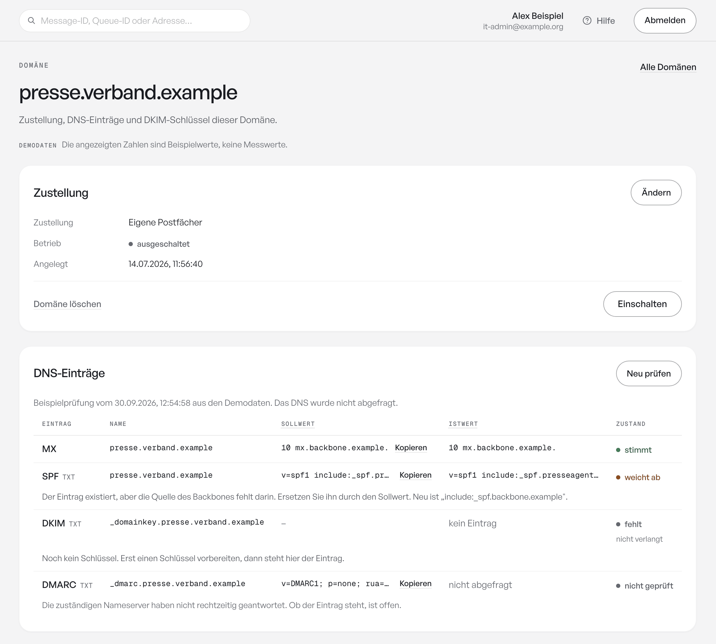 Domain being set up: delivery and the DNS records MX, SPF, DKIM and DMARC with target value, actual value and status