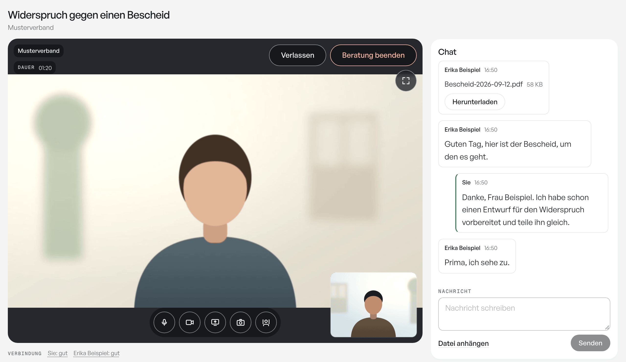 A running video consultation: the client large, the adviser small, the chat on the right with an attached PDF