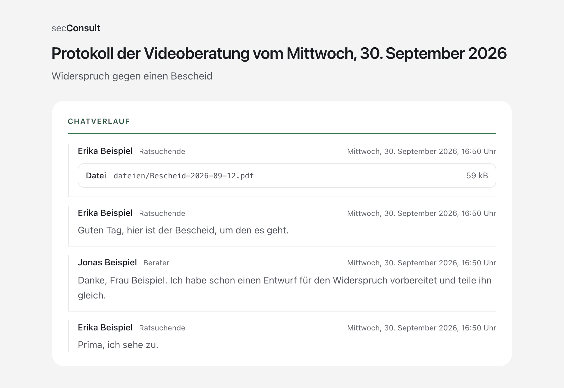 Record of a video consultation with key facts, participants and chat history