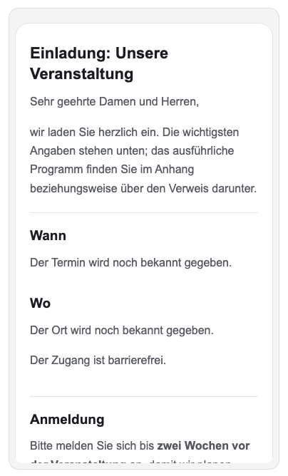 Preview of an invitation email in the editor’s phone view